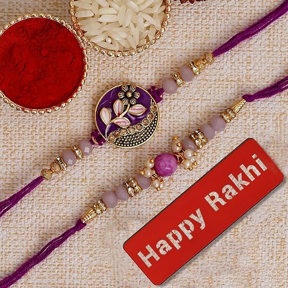 eCraftIndia Purple Floral & Pearl Rakhi Set – Pack of 2